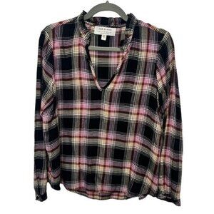 Cloth & Stone for Anthropologie Long Sleeve Plaid Top Ruffle V-Neck, Size Small